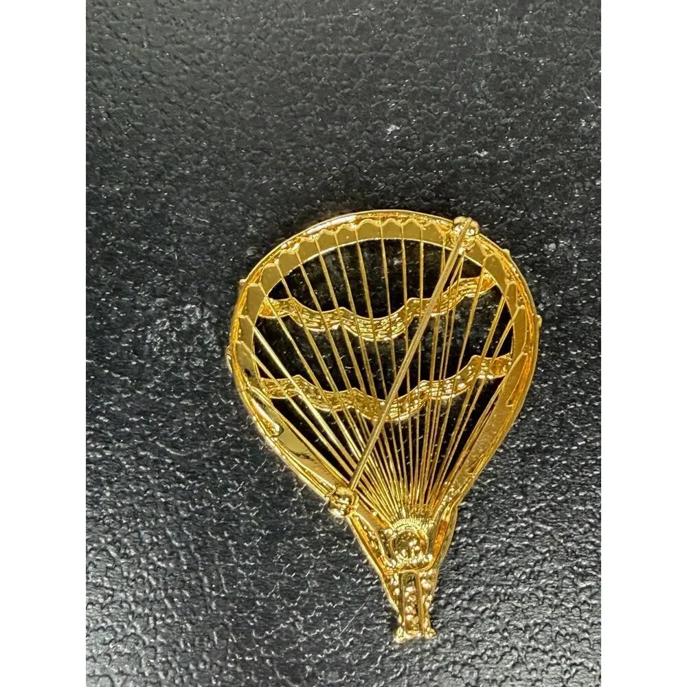 VTG Monet Gold Tone Hot Air Balloon Rhinestone Wire Pin Brooch Glam Artsy